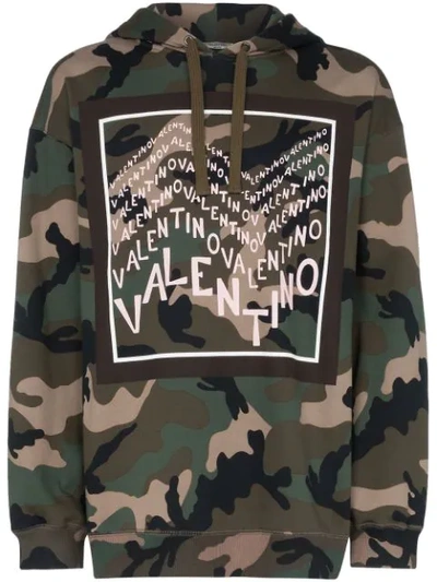 Valentino Logo Print Camouflage Cotton Blend Hoodie In Military Green