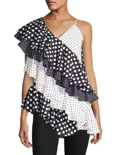 Romance Was Born Toot Toot Polka Dot Ruffle Sleeveless Top In Black Multi