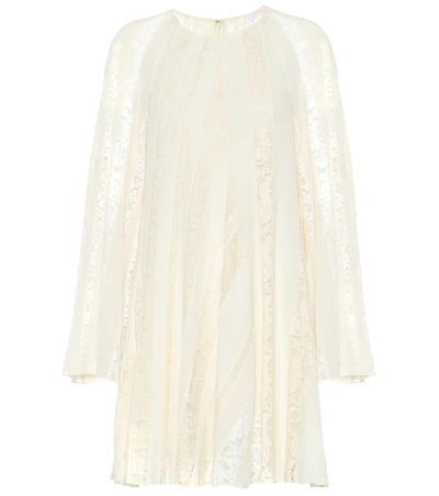 Chloé Long-sleeve Lace-inset Crepe De Chine Dress In Dusty White