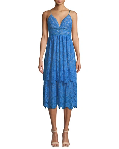 Saylor Lace V-neck Spaghetti-strap Midi Dress In Blue