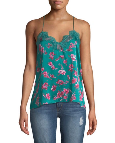 Cami Nyc The Racer Silk Charmeuse Camisole W/ Lace In Lagoon Floral