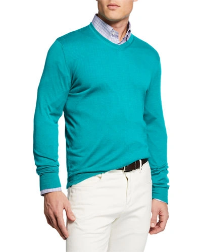 Neiman Marcus Men's Cashmere/silk V-neck Sweater In Green