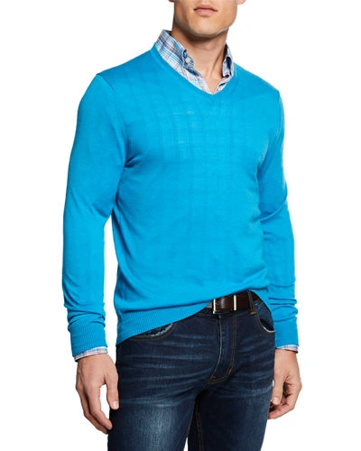 Neiman Marcus Men's Cashmere/silk V-neck Sweater In Turquoise