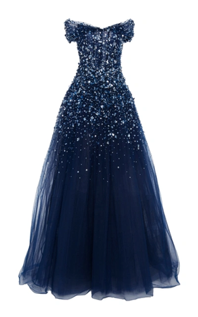Pamella Roland Off-the-shoulder Crystal Embellished Tulle Gown In Blue