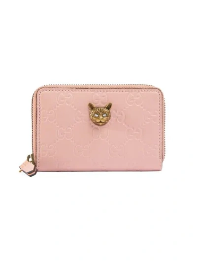 Gucci Signature Card Case With Cat In Pink