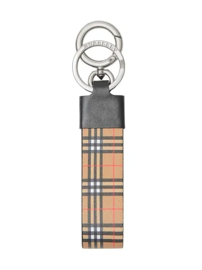 Burberry Small Scale Check And Leather Key Ring In Brown
