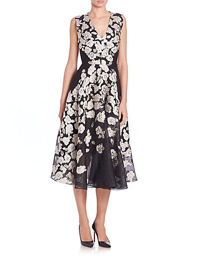 Lela Rose Sleeveless Stamped-floral Dress, Black In Black-white | ModeSens