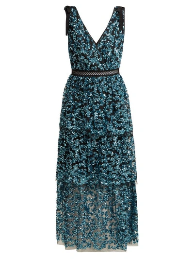 Self-portrait Sequinned Tiered Tulle Midi Dress In Blue