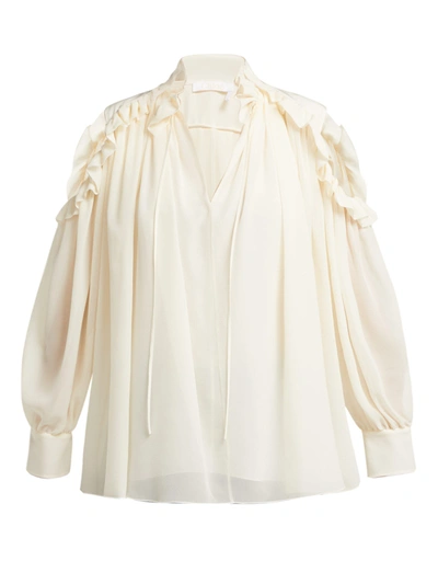 Chloé Ruffled Cut-out Shoulder Silk Blouse In Dusty White