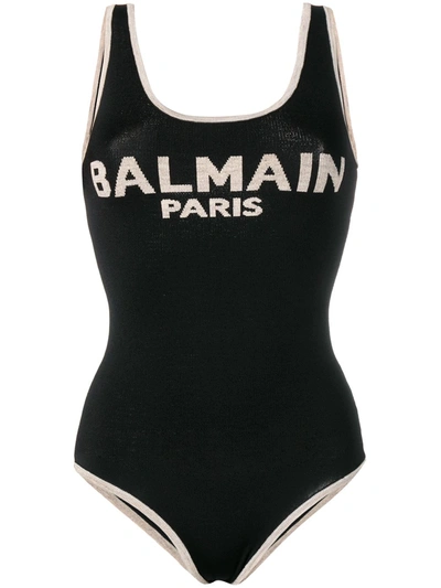 Balmain Logo Intarsia Linen-blend Bodysuit In Black
