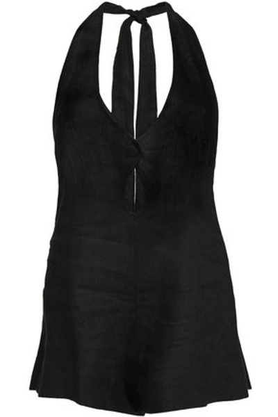 Alix Woman Cutout Linen Halterneck Playsuit Black