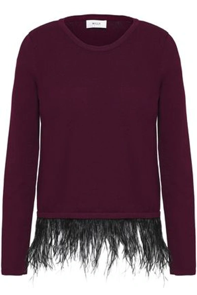 Milly Woman Feather-trimmed Knitted Sweater Plum