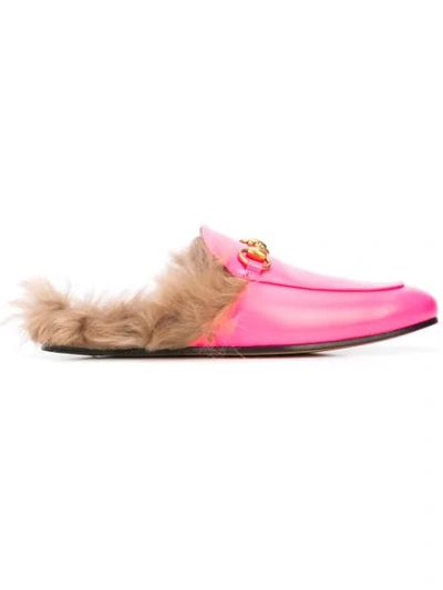 Gucci Men's Princetown Fur-lined Fluorescent Leather Slippers In Fluorescent Fuchsia Leather