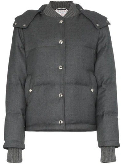 Thom Browne Hooded Button Up Puffer Jacket In Grey