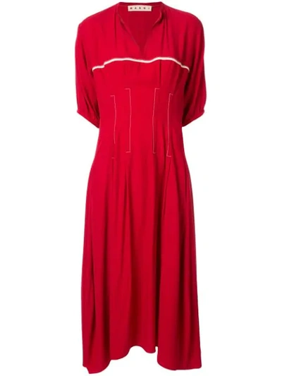 Marni Short Sleeve Woven A-line Midi Dress In Red