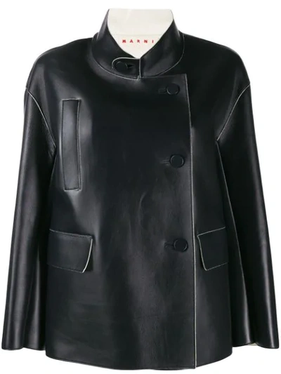 Marni Oversized Leather Jacket With Cashmere Collar In Blue