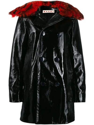 Marni Leather Coat With Dyed Lamb Fur Collar In Black