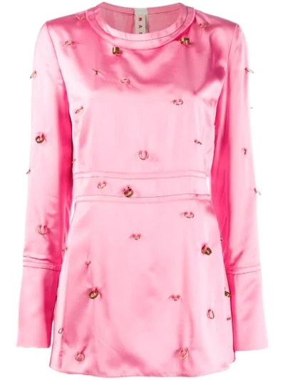 Marni Embellished Satin Long Sleeve Blouse In Pink