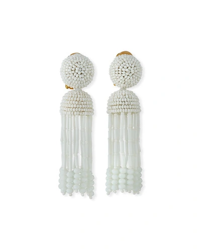 Oscar De La Renta Short Clip-on Beaded Tassel Earrings In White