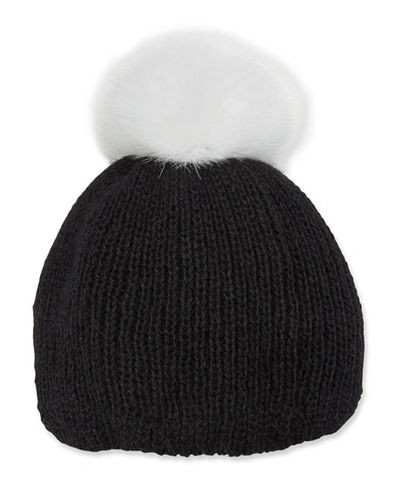 Eugenia Kim Rochelle Ribbed Beanie Hat W/ Fur Pompom In Black