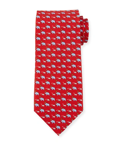Ferragamo Gerry Elephants & Mice Silk Tie In Red
