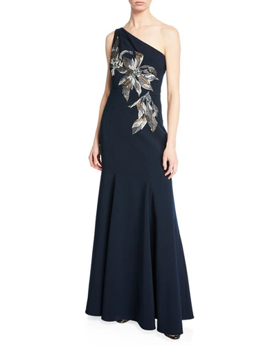 Marchesa Notte One-shoulder Mermaid Gown W/ Beaded Embroidered Appliques