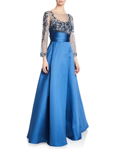 Marchesa Notte Sweetheart Illusion Mikado Ball Gown W/ 3d Floral-embroidered Bodice