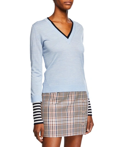 Veronica Beard Avory Wool Sweater With Contrasting Sleeves And Neck In Light Blue