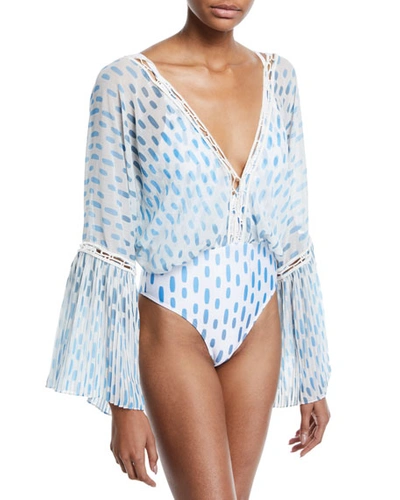 Água De Coco Emiliano Printed Long-sleeve One-piece Swimsuit In White/blue
