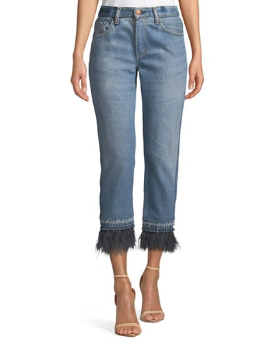 Le Superbe Cropped Straight-leg Jeans With Ostrich Feathers In Blue