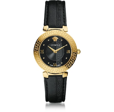 Versace 35mm Daphnis Leather Greca Watch, Black