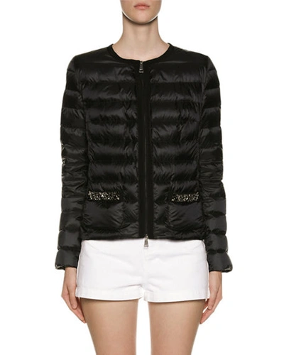 Moncler Cristalline Embellished-pocket Puffer Jacket In Black