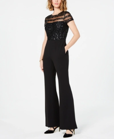 Adrianna Papell Plus Size Sequin Illusion Jumpsuit In Black