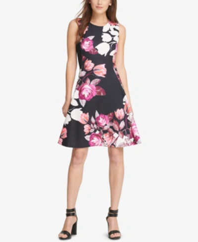 Dkny Floral Print Fit Flare Dress, Created For Macy's In Black