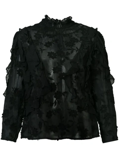 Rebecca Taylor Ruffle Embroidered Silk Top In Black