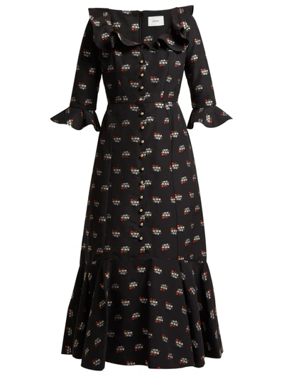 Erdem Opaline Ruffled Embroidered Cotton-blend Midi Dress In Black