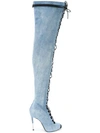 Balmain Campbell Lace-up Faded Denim Thigh Boots In Blue