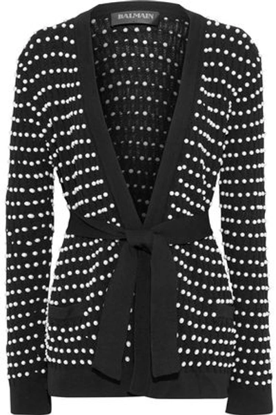 Balmain Belted Faux Pearl-embellished Knitted Cardigan In Black