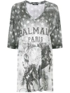 Balmain Oversized Distressed Printed Linen-jersey T-shirt In Grey