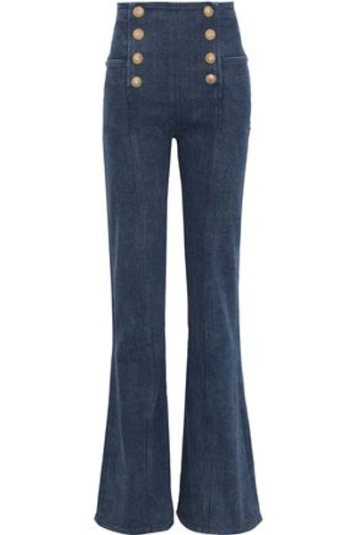 Balmain Woman Button-embellished High-rise Flared Jeans Mid Denim