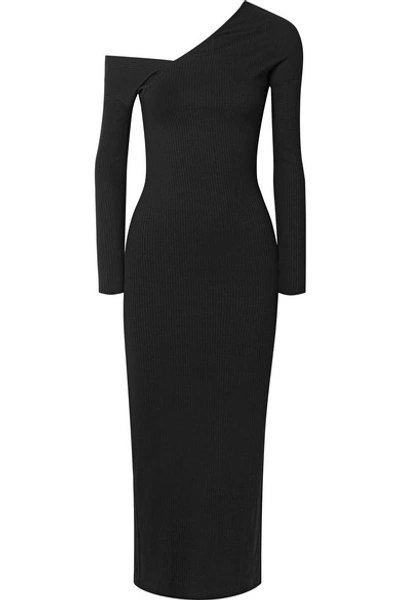 The Range Alloy One-shoulder Ribbed-knit Midi Dress In Black