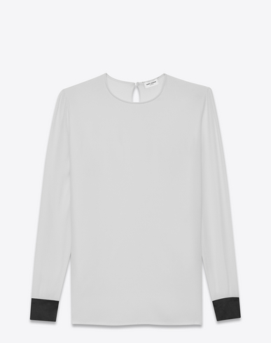 Saint Laurent Contrasting Cuff Blouse In Shell And Black Satin | ModeSens