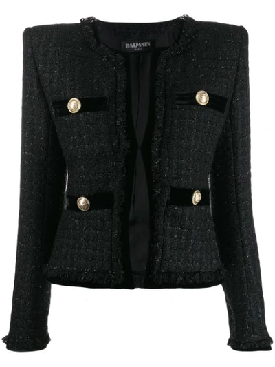 Balmain Black Tweed & Velvet Collarless Fringed Jacket
