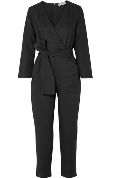 Apiece Apart Morena Wrap-effect Tencel And Linen-blend Jumpsuit In Black