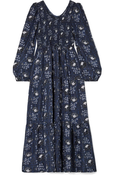 Apiece Apart Olivia Smocked Floral-print Silk-satin Maxi Dress In Navy