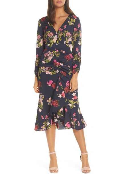 Eliza J Floral Ruched Midi Dress In Navy