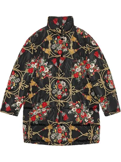 Gucci Padded Cape Coat With Flowers And Tassels In Black