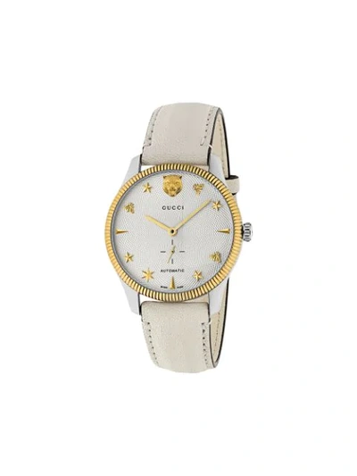 Gucci G-timeless Stainless Steel Case 40mm Automatic Silver Guilloché Dial Crème Leather Watch In White Leather