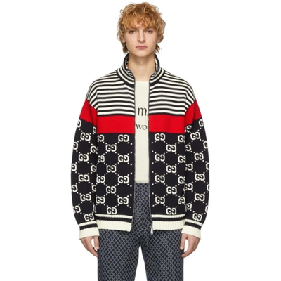 Gucci Navy & Off-white Knit Gg Stripe Zip-up Jacket In Black