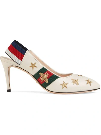 Gucci Embroidered Leather Web Slingback Pump In White